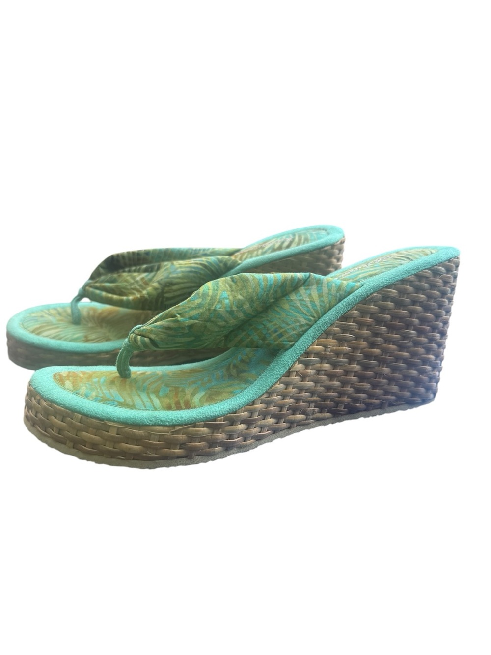 Y2K Tropical Wedge Platform Thong Sandal Size 7 Beachy Raffia Island Girl